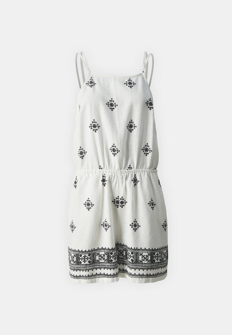 Vestido blanco con patrones geométricos negros y bordados. Presenta tirantes finos ajustables y una cintura elástica para una forma ajustada.
