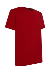 T-shirt rosso a maniche corte realizzato in morbido cotone. Presenta un collo a giro e una vestibilità rilassata. Nessun motivo o accento visibile.