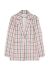 Blazer met één knoop in een witte, zwarte en roze ruitpatroon, met open revers en voorzakken, plat gelegd op een witte achtergrond.
