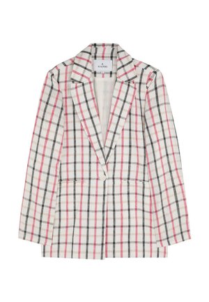 Jednobuttonový blazer s kostkovaným vzorem v bílé, černé a růžové barvě, klopami a předními kapsami, položený na bílém pozadí.