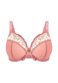 Rosa BH mit floralen, bestickten Spitzen-Details, glatten Cups, verstellbaren Trägern und einer Schleife in der Mitte. Strukturierte Stoffgestaltung.