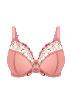 Rosa BH mit floralen, bestickten Spitzen-Details, glatten Cups, verstellbaren Trägern und einer Schleife in der Mitte. Strukturierte Stoffgestaltung.