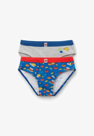 Deux ensembles de slips pour garçons de marque LEGO, l'un gris avec une ceinture bleue et un petit motif de briques, l'autre bleu avec une ceinture rouge et un motif coloré de briques.