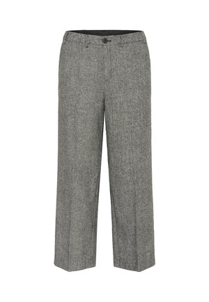 Grijs rechte broek met visgraatpatroon, voorzien van een knoopsluiting en riemlussen, weergegeven op een witte achtergrond.