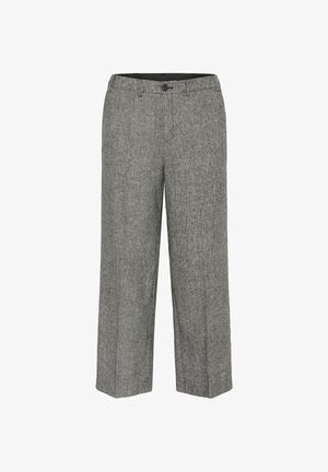 Gray herringbone-patterned straight-leg trousers with button closure and belt loops, displayed on a white background.