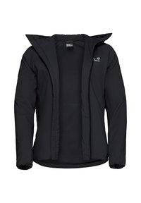 Zwarte geïsoleerde jas met een capuchon, voorzien van een volledige ritssluiting en elastische manchetten. Glad stof met een strakke, minimalistische uitstraling.