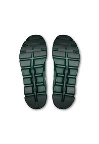 Zwarte hardloopschoenen met een geprofileerde zool, voorzien van groeven en verhoogde secties voor meer grip. Inclusief merklogo op de middenzool.