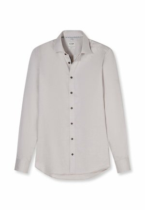 Lichtgrijs overhemd met lange mouwen voor heren, met knopen en een puntkraag, voorzien van donkere knopen, OLYMP-merk, plat uitgestald op een witte achtergrond.