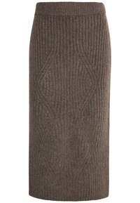 Jupe en tricot côtelé marron avec une silhouette droite, dotée d'un motif géométrique subtil et d'une taille confortable.