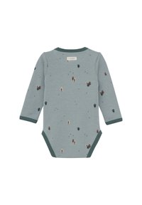 Långärmad babybodysuit i teal i mjukt tyg, med ett trämönster i brunt, mörkgrönt och krämfärgat, med mörkgrön kant och tryckknappsstängning.