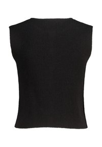 Musta hihaton neulepaita, jossa on ribbikuvio, ympyräkaulus ja kapea malli, joka kapenee hieman vyötäröltä.