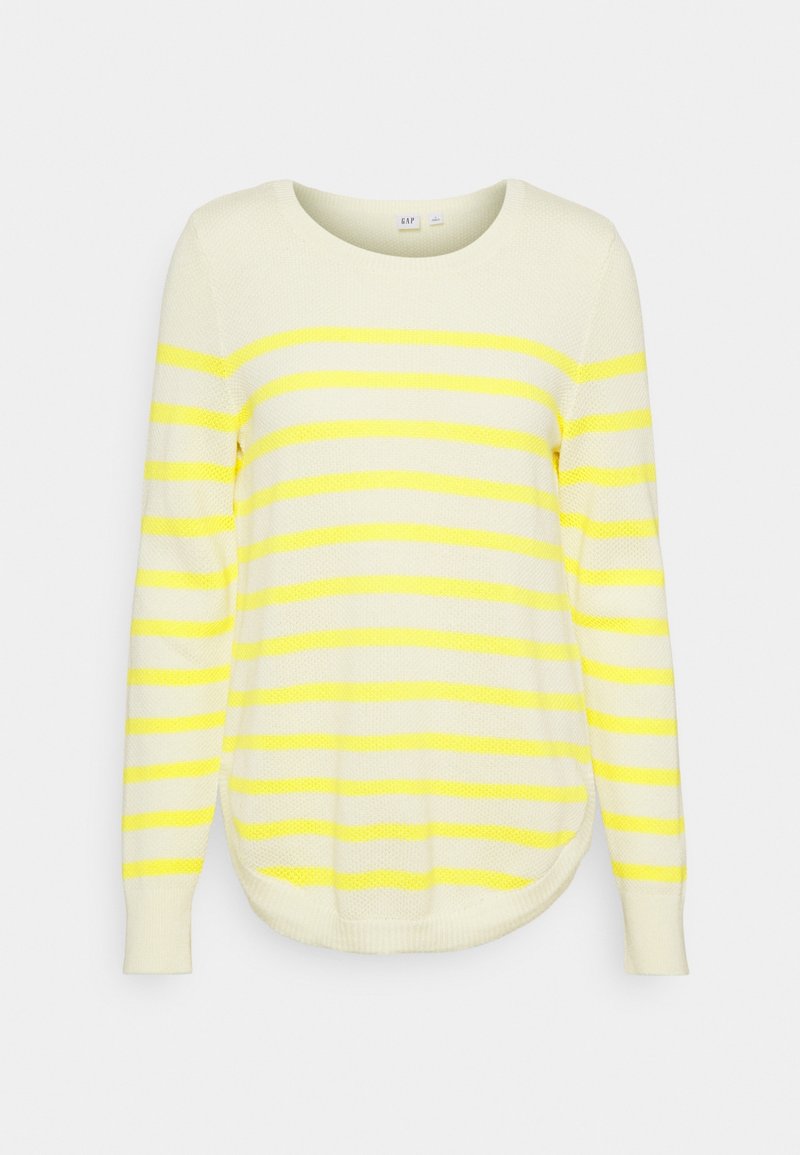 Jasnożółty sweter z poziomymi żółtymi paskami, okrągłym dekoltem, długimi rękawami i zaokrąglonym dołem. Dzianinowa faktura i średnia waga.
