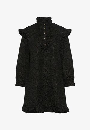 Čierne šaty s vysokým volánovým golierom, dlhými rukávmi a dekoratívnymi gombíkmi. Textúrovaná tkanina má jemný vzor a volánový lem.
