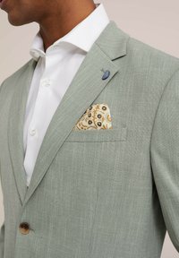 Sacou texturat verde deschis cu guler înclinat, un singur buton maro și o batistă cu model în auriu și alb. Cămașă albă dedesubt.