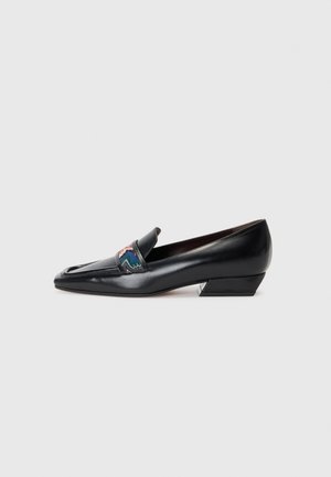 Black leather loafer with a pointed toe and a small geometric heel. Features an embroidered accent across the vamp in multiple colors.