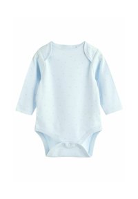 Bodysuit pour bébé à manches longues en coton bleu clair avec de petits motifs d'étoiles bleu marine, doté d'un col rond et de pressions au bas.
