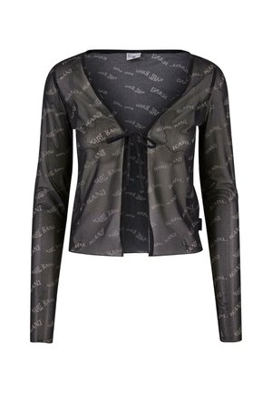 Svart genomskinlig kofta med långa ärmar, djup V-ringning, knytstängning och ett mönster med "Karl Kani" logga över hela plagget.