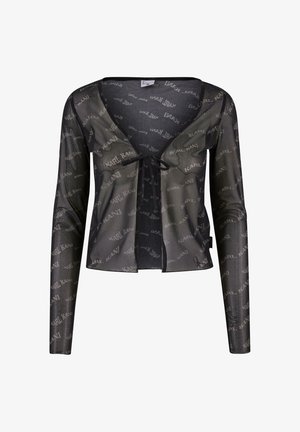 Čierny priesvitný kardigán s dlhými rukávmi, hlbokým V-výstrihom, viazaním a celoplošným vzorom loga "Karl Kani".