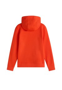 Oranje hoodie met een ruime capuchon, lange mouwen en geribbelde manchetten. Gemaakt van zachte stof, met een eenvoudig ontwerp en een relaxte pasvorm.