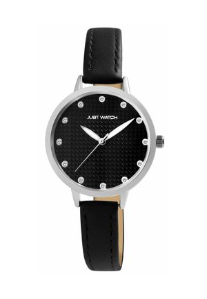 Schwarzes Lederarmbanduhr mit silbernem Gehäuse, schwarzem strukturiertem Zifferblatt, silbernen Stundenmarkierungen mit Kristallen sowie silbernen Stunden-, Minuten- und Sekundenzeigern.