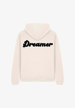 Un sweatshirt beige clair avec un grand imprimé noir "Dreamer" au dos. Matière douce, design décontracté, avec une capuche à cordon et des bords-côtes.