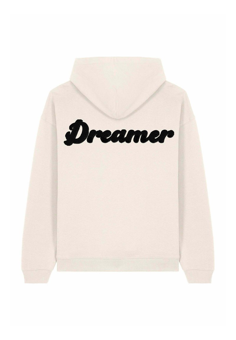 Felpa leggera beige chiaro con una grande stampa nera "Dreamer" sul retro. Materiale morbido, design casual, con cappuccio regolabile e polsini a coste.