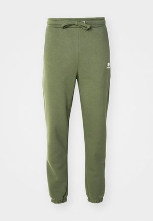 Olivgrüne Sweatpants aus weichem Stoff, mit elastischem Bund, Kordelzug und elastischen Bündchen an den Knöcheln. Weißes Logodetail an der Seite.