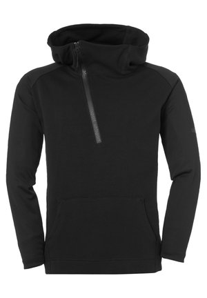 Sudadera negra de manga larga con cremallera diagonal en el frente, bolsillo canguro y cuello alto que se extiende hacia una capucha, mostrado sobre fondo blanco.