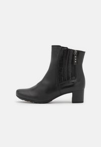 Botines negros hasta el tobillo fabricados en cuero liso con un detalle texturizado de relieve tipo cocodrilo, que cuentan con una cremallera lateral y un tacón bajo y ancho.