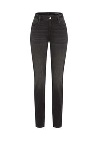 Slim-fit zwarte denim jeans met vijf zakken, knoopsluiting en contrasterende stiksels; soepele textuur met een licht verkleurde afwerking.