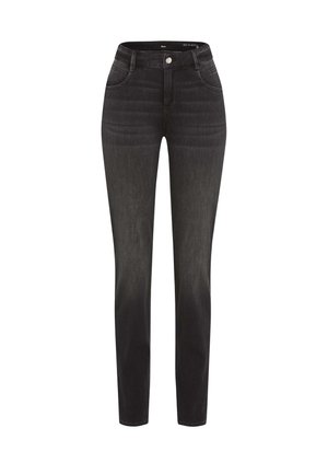 Slim-fit zwarte denim jeans met vijf zakken, knoopsluiting en contrasterende stiksels; soepele textuur met een licht verkleurde afwerking.