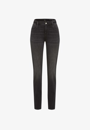 Slim-fit sorte denim jeans med fem lommer, knaplukning og kontrastbroderi; glat tekstur med let lysnet finish.