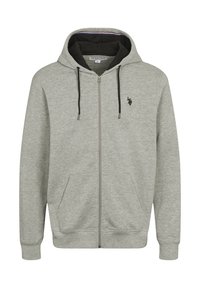 Vaaleanharmaa vetoketjullinen huppari mustilla kiristysnarulla, etutaskuilla ja pienellä mustalla kirjotulla logolla vasemmassa rinnassa.