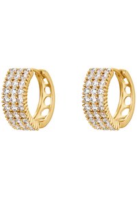 Goldfarbene Creolen mit einer strukturierten Oberfläche und mehreren klaren, oval geschliffenen Edelsteinen, die in einem gebogenen Design eingefasst sind.