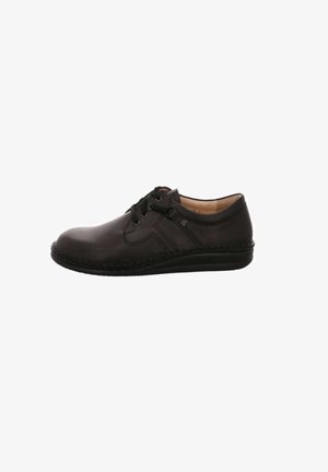 Brown leather shoe with rounded toe, lace-up design, and tonal stitching. Features a black rubber sole and casual silhouette.
