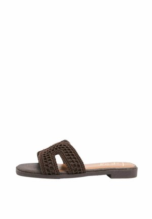 Flat brown slide sandal with woven textured strap and open toe, featuring a rectangular cut-out on the upper part.