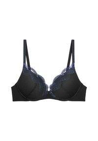 Sujeción negra con diseño acolchado, que presenta un borde de encaje ondulado en azul en el escote y tela suave en las copas y tirantes.