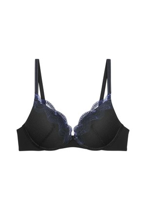 Reggiseno nero con design imbottito, caratterizzato da un bordo in pizzo ondulato blu sullo scollo e tessuto liscio sulle coppe e sulle spalline.