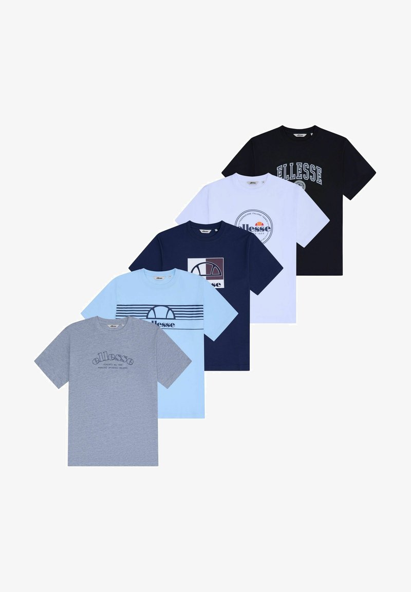 Five folded short-sleeve t-shirts in gray, light blue, navy, white, and black, each with different Ellesse logo designs on the front.