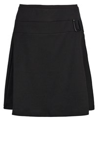 Mustat hame, jossa on istuva vyötärö, sivuilla solkikoriste ja A-linjainen siluetti. Valmistettu sileästä kankaasta, jossa on minimaalinen rakenne.