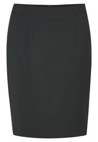 Svart blyertskjol i texturerad tyg, med en figursydd design, bakre dragkedjestängning och utan synliga mönster eller dekorationer.