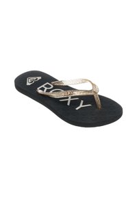 Tongs noires avec des brides dorées pailletées. Elles disposent d'une semelle texturée avec un motif en diamant et du logo "ROXY" en relief en blanc.