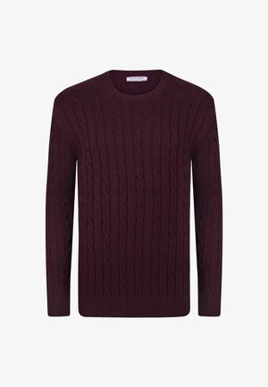 Bordový svetr s pleteným vzorem a kulatým výstřihem, s vroubkovanými manžetami a lemem, vyrobený z měkké látky se strukturovanými vzory po celém povrchu.