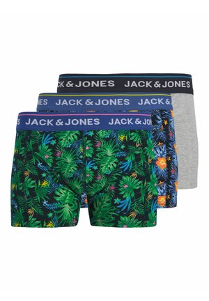Trzy pary męskich bokserek z oznaczonymi gumkami Jack & Jones; wzory to zielone tropikalne liście, niebieskie kwiatowe oraz jednolite szare.