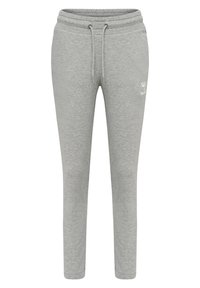 Pantalones de chándal grises hechos de una suave mezcla de algodón, con cintura ajustable con cordón, piernas ceñidas y un sutil detalle de logotipo en la parte delantera.