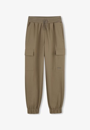 Khaki cargojoggingbroek met elastische tailleband en enkels, zijzakken en klepzakken, met klein "BOSS"-logo op het rechterbeen.