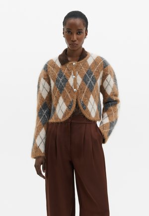 Vrouw die een bruine, witte en grijze argyle patroon zachte cardigan draagt met zilveren knopen en hoge bruine wijde broek.