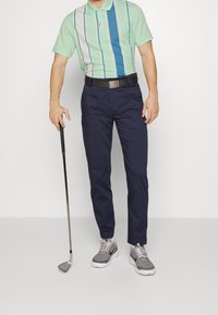 Polo col montant à manches courtes de couleur vert menthe avec des rayures bleues et blanches, assorti à un pantalon marine et des chaussures de sport grises. Tenant un club de golf.