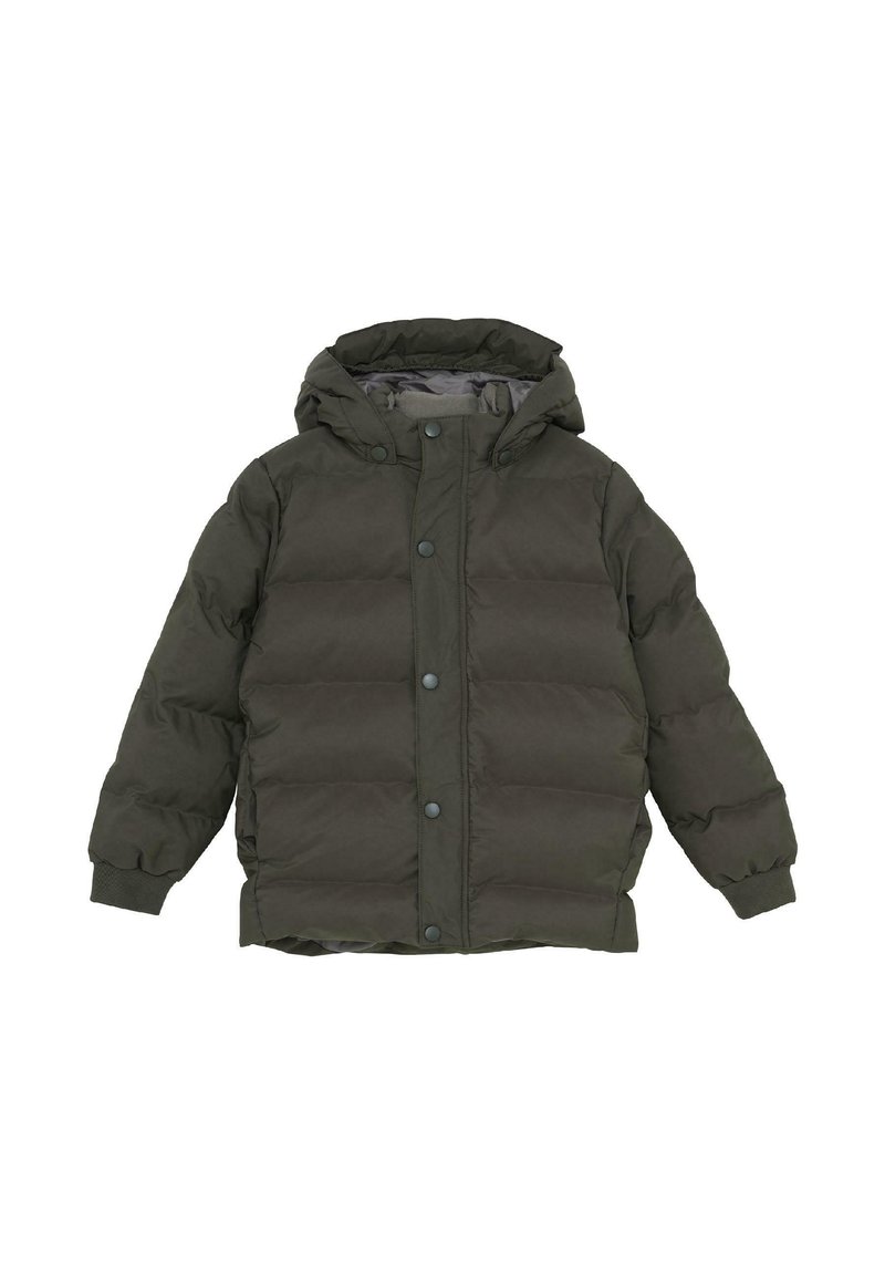 Giacca invernale imbottita di un verde scuro con cappuccio, bottoni a pressione frontali e polsini a coste, progettata per il freddo.