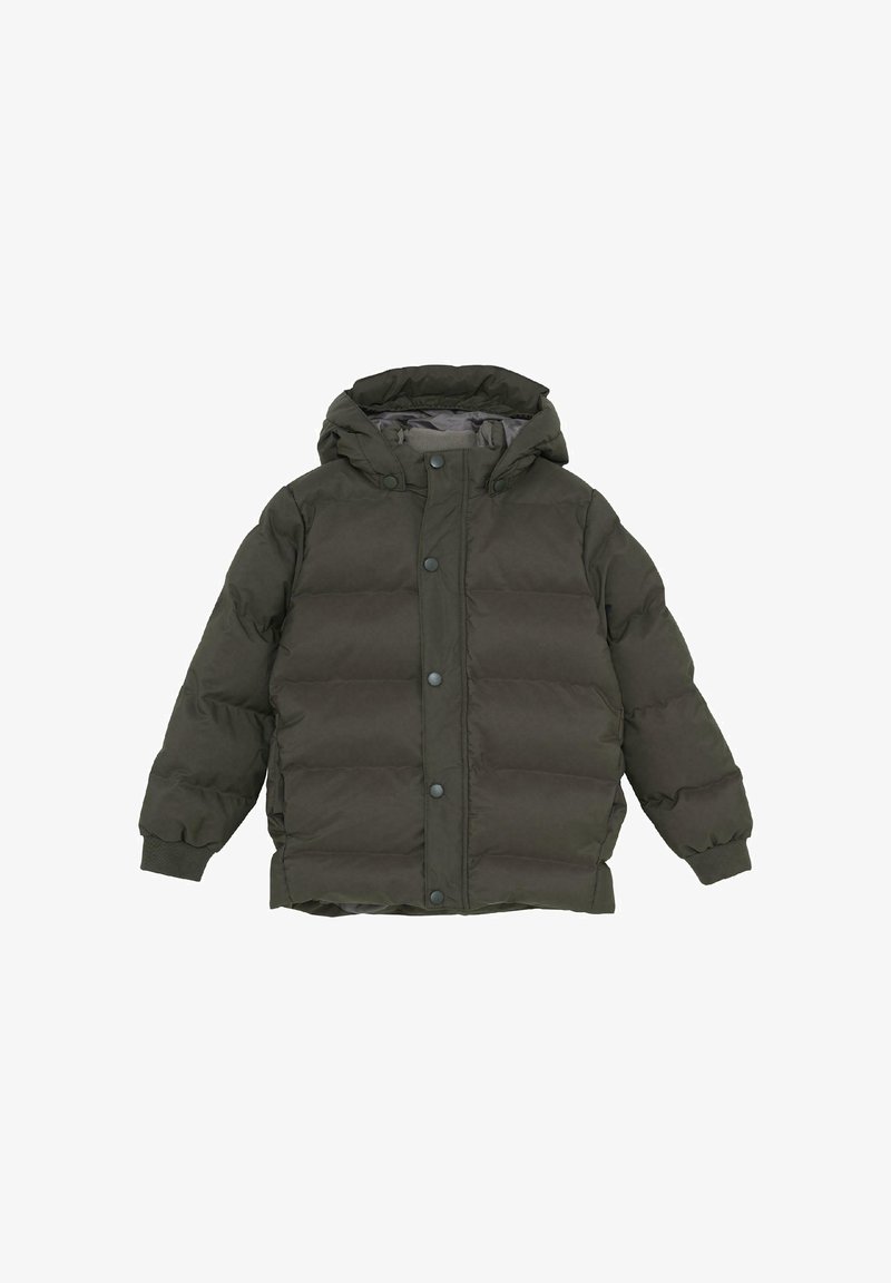 Mörkgrön vadderad vinterjacka med huva, framknappar och ribbad mudd, designad för kallt väder.